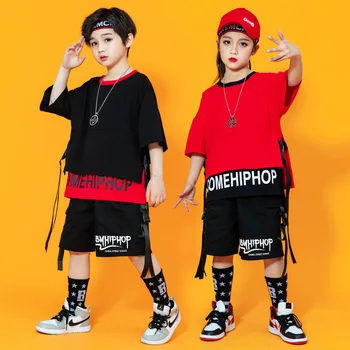 Copil Kpop Hip Hop Îmbrăcăminte 2 Tone Curea Supradimensionat Tricou Top de Vară pantaloni Scurți de Marfă pentru Fată Băiat de Jazz, Dans, Costume de Dans Haine