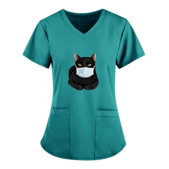 Cat de Imprimare Nursing Uniforme Femei Beautican Tricou Casual cu Maneci Scurte Scrubs Uniforme Asistenta V-neck Pocket Bluza Îngrijitor Topuri A50