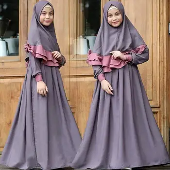 2 BUC Arabe Fete Maneca Lunga Rochie Maxi Hijab Set de Copii Musulmani Rugăciune Abaya jilbab-ul Islamic Partid Rochie de Îmbrăcăminte Costum Orientul Mijlociu 1