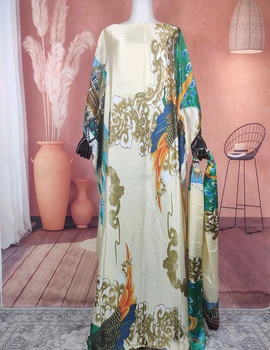 Nou Stil De Moda De Mătase 1 Set Femeile Caftan Maxi Rochie Cu Esarfa Dubai Dashiki Tipărite Musulman Mult Timp Liber Abaya Halat 2