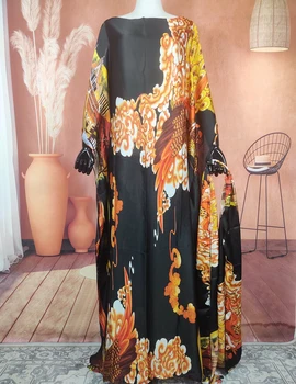 Nou Stil De Moda De Mătase 1 Set Femeile Caftan Maxi Rochie Cu Esarfa Dubai Dashiki Tipărite Musulman Mult Timp Liber Abaya Halat 3