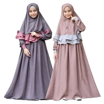 2 BUC Arabe Fete Maneca Lunga Rochie Maxi Hijab Set de Copii Musulmani Rugăciune Abaya jilbab-ul Islamic Partid Rochie de Îmbrăcăminte Costum Orientul Mijlociu 5